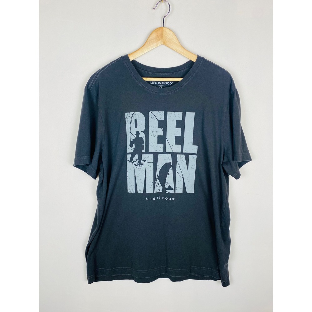Life is Good Mens Reel Man Fishing Crusher Tee Gray XL Graphic T-Shirt